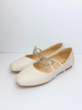 Size 9.5 White Square Toe Ballet Flats Rhinestone Strap Mary Jane Style FYS
